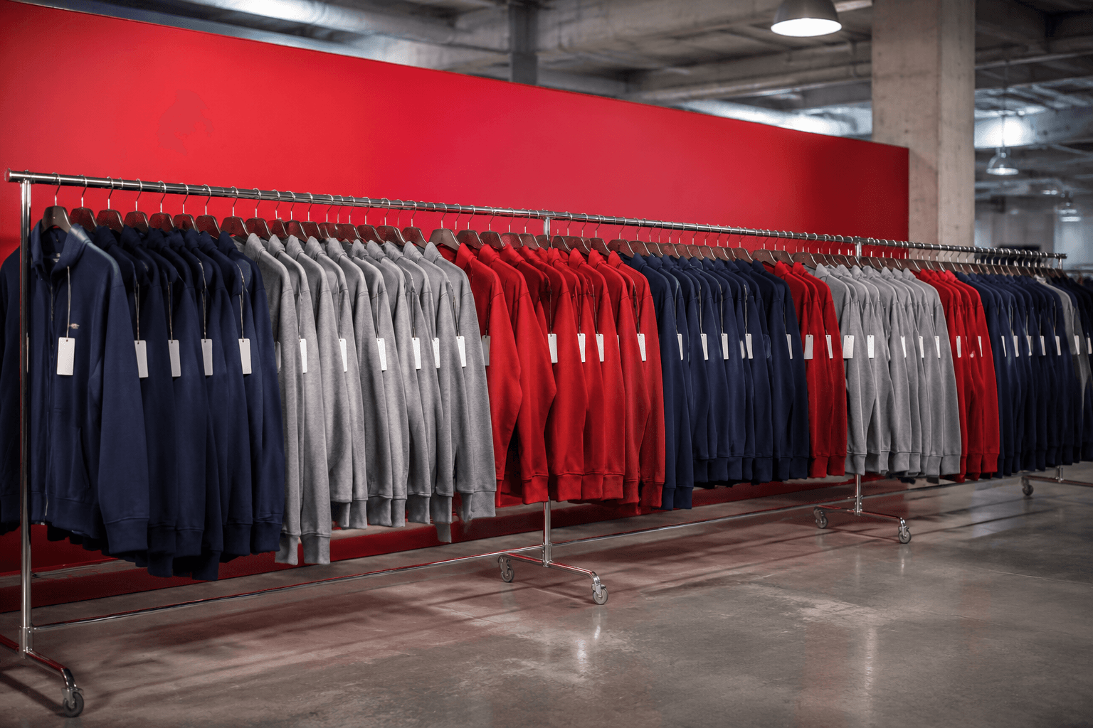 Unbranded sportswear clearance rail with blank swing tags in a concrete warehouse studio